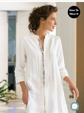 Soft Surroundings White Linen Swim Coverup Tunic top, pompon detail. 1X